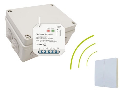 Controlemodule + 2 contactdozen op afstand te bedienen RF + Wifi in IP66 behuizing