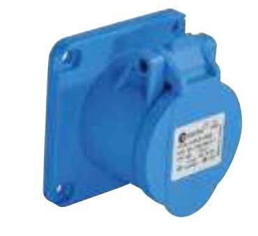 Panel mount socket outlet CEE straight compact flange 75 x 75mm 4 x 32A 200 - 250Vac 9h Blue IP44 wi
