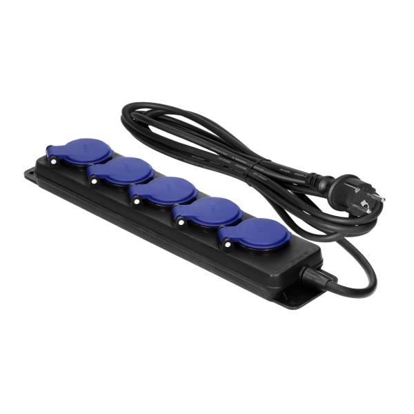 Robuuste, spatwaterdichte IP44 verlengstekkerdozen, met rubberen snoer, 5 stekkerdozen 2 polig + A