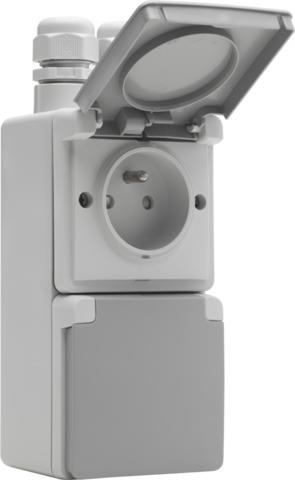 Splashproof, vertical, double wall socket with earth pin, safety shutter and screw terminals; includ