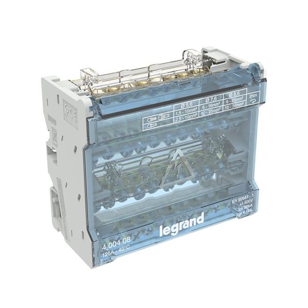 Répartiteur 4 pôles 125A - 11 connexions à vis - 26kA - 6 modules