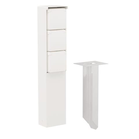 Splashproof garden post with three - fold socket outlet, pin earthing and spike, White