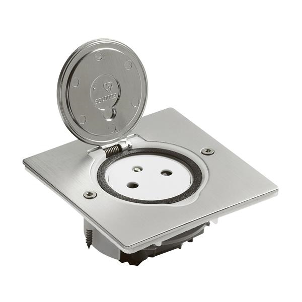 Vloercontactdoos 2 polig + A - vlak - vierkant 2 modules geborsteld Inox