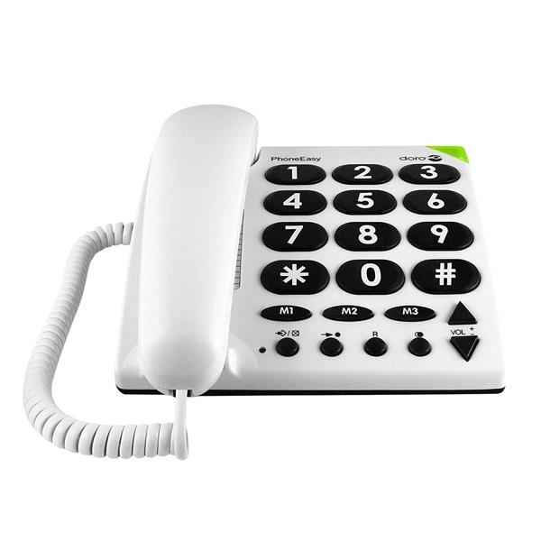 Witte vaste telefoon met grote knoppen en hearing aid compatibility