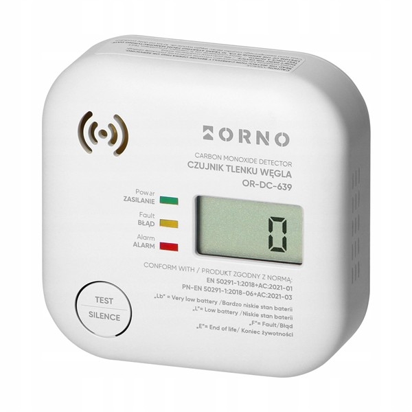 Battery powered carbon monoxide detector with test button, service life 10 years, EN 50291-1:2018