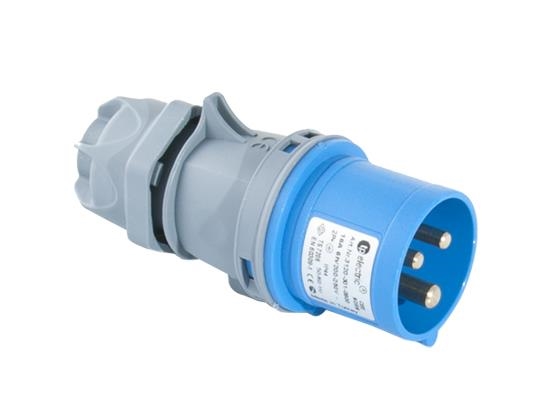 Plug CEE 3 poles + E 16A 200 - 250Vac 9h Blue IP44 with screw connections