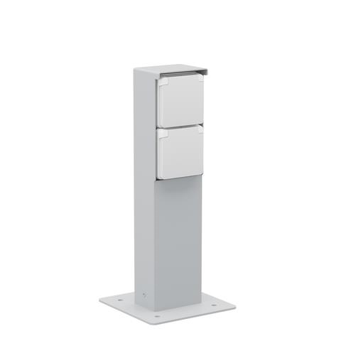 Splashproof garden post with double socket outlet, pin earthing and baseplate, Grey
