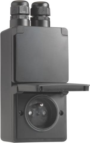 Splashproof, vertical, double wall socket with earth pin, safety shutter and screw terminals; includ