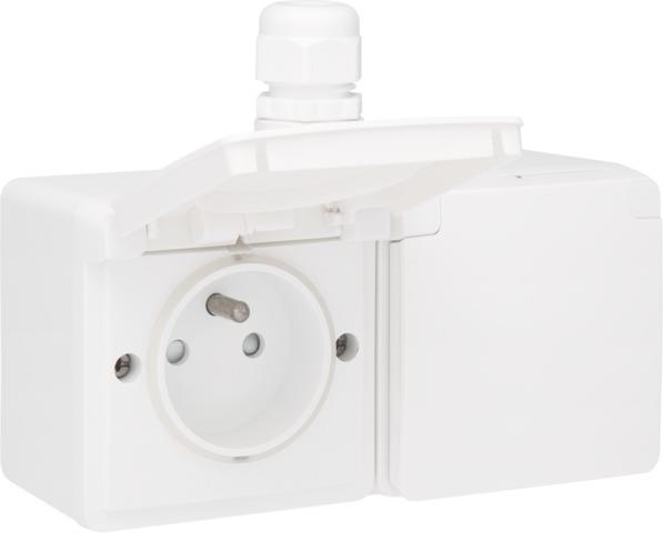 Splashproof, horizontal double wall socket with earth pin, safety shutter and screw terminals; inclu