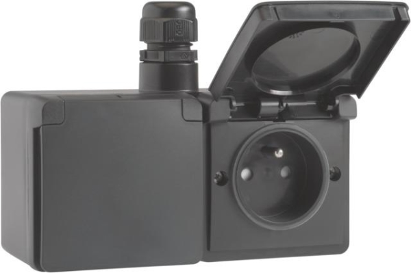 Splashproof, horizontal double wall socket with earth pin, safety shutter and screw terminals; inclu