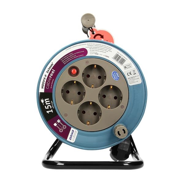 Kabelhaspel, Grijs, Schuko voeding: 4 x 250Vac; maximale belasting: 2500W; 15m kabel, Grijs