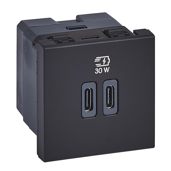 Mosaic USB lader type C + C - 30W - Power delivery - 2 modules - Zwart