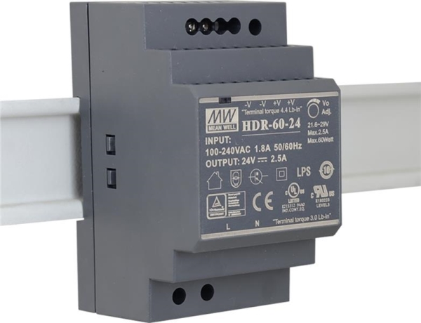 Gestabiliseerde voeding 60W 24Vdc 2.5A op Din rail