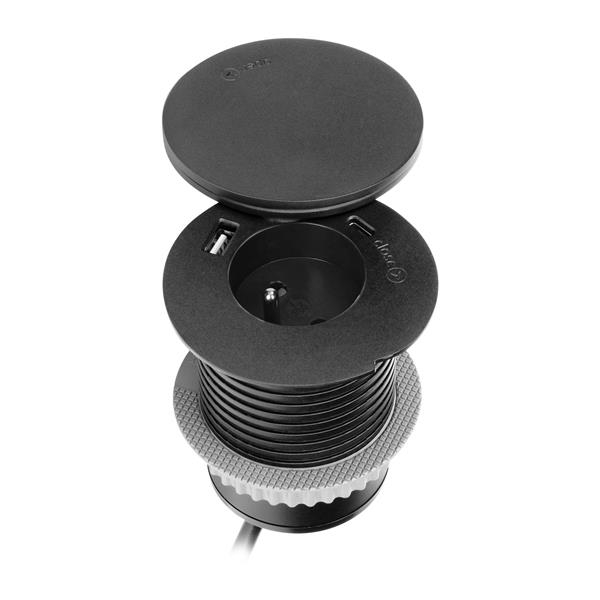 Meubelcontactdoos Ø 6cm met draaideksel, inductielader, USB-lader en 1.5m kabel, 1 x 2 polig + A, Qi