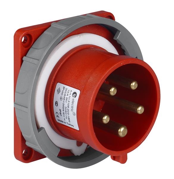 Panel mount appliance inlet CEE straight compact flange 83 x 90mm 5 x 32A 380 - 415Vac Red IP67 with