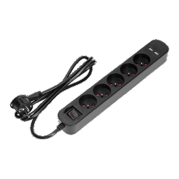 Power strip with surge protection, 5 sockets 2 poles + E, 3 x 1.5mm² cable, 1.5 m, two-track backlit