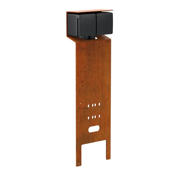 Splashproof garden post essential with double socket outlet, pin earthing Corten Steel