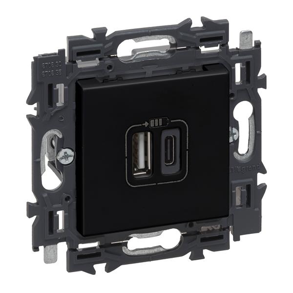 Valena contactdoos 2 x Usb type A + C volledig apparaat Zwart met spanklauwen
