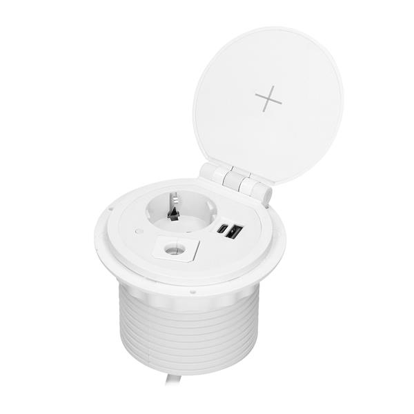 Inbouw bureaucontactdoos, Wit, Schuko Ø 8cm met inductielader, 2 USB-poorten (A, C) voor snel oplade