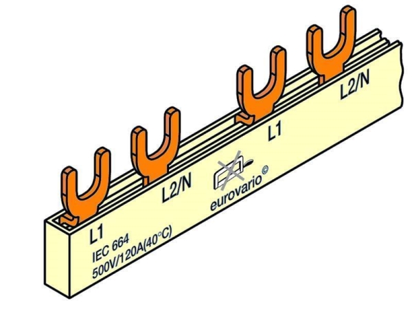 Barrette isolée à fourchettes 10mm² 2 pôles 4 modules avec embouts