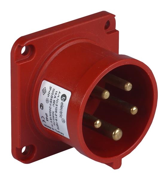 Panel mount appliance inlet CEE straight compact flange 75 x 75mm 5 x 16A 380 - 415Vac Red IP44 with