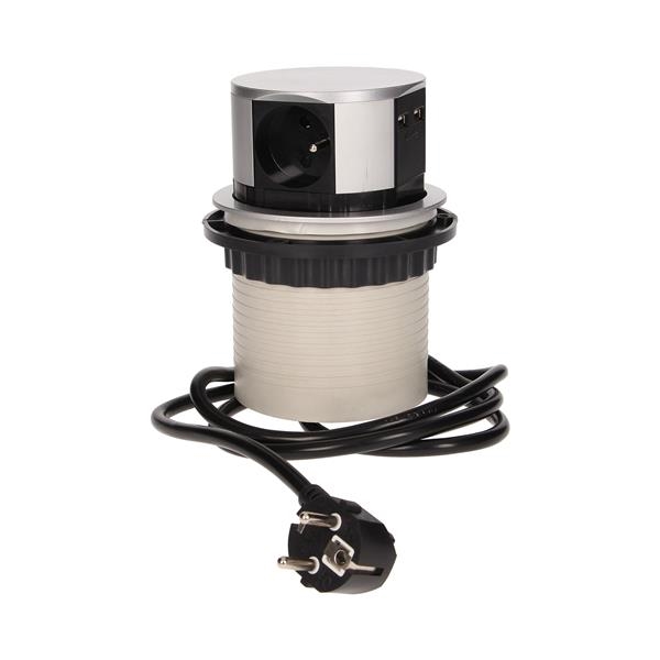 Flush - fitting furniture socket with Usb charger and 1.5m cable. 3 x 250Vac / 16A; 3680W; IP20 ; 2