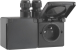 Splashproof, horizontal double wall socket with earth pin, safety shutter and screw terminals; inclu