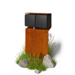 Splashproof garden post essential with double socket outlet, pin earthing Corten Steel