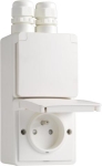 Splashproof, vertical, double wall socket with earth pin, safety shutter and screw terminals; includ