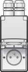 Splashproof, vertical, double wall socket with earth pin, safety shutter and screw terminals; includ