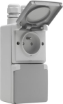 Splashproof, vertical, double wall socket with earth pin, safety shutter and screw terminals; includ