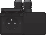 Splashproof, horizontal double wall socket with earth pin, safety shutter and screw terminals; inclu