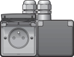 Splashproof, horizontal double wall socket with earth pin, safety shutter and screw terminals; inclu