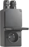 Splashproof, vertical, double wall socket with earth pin, safety shutter and screw terminals; includ