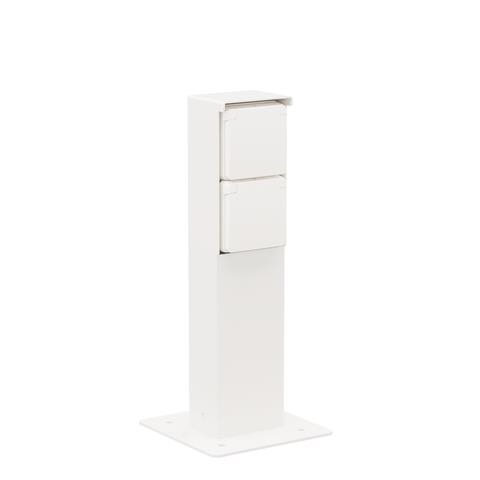 Splashproof garden post with double socket outlet, pin earthing and baseplate, White