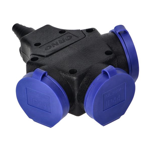 3 - weg waterdichte multiprise in duurzame IP44 behuizing 3 x 2 polig + A, 16A, 230Vac, verzegelde k