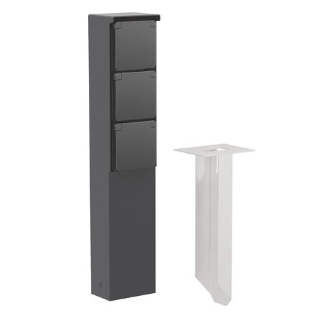 Splashproof garden post with three - fold socket outlet, pin earthing and spike, Black