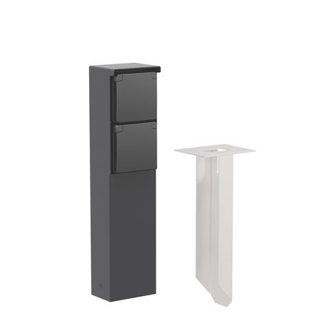 Splashproof garden post with double socket outlet, pin earthing and spike, Black